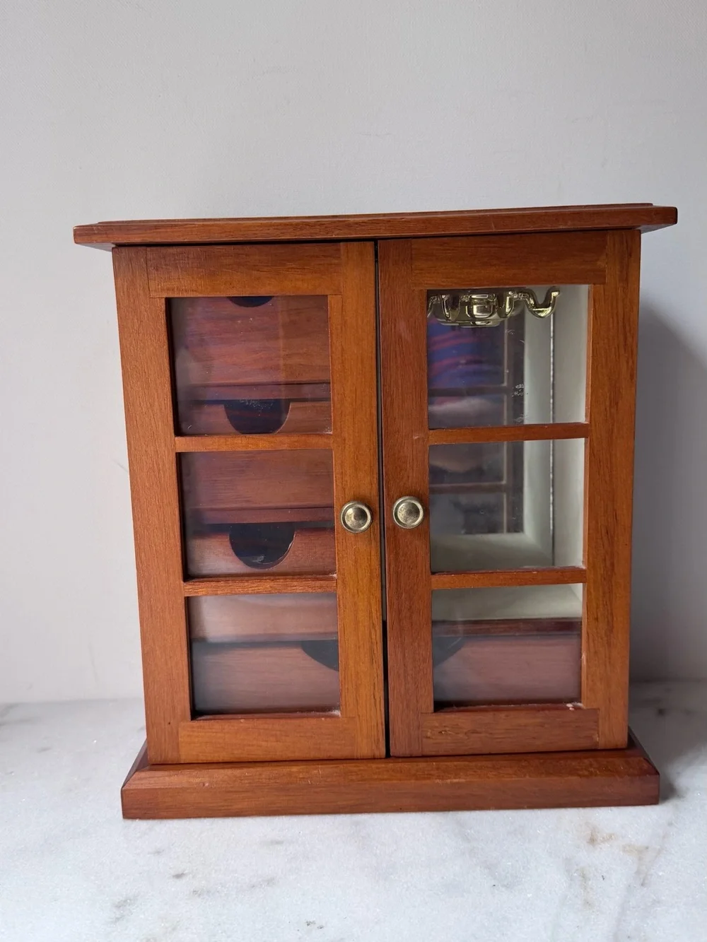 Wooden Glass-Front Jewelry Cabinet in Warm Brown vintage jewelry holder storage
